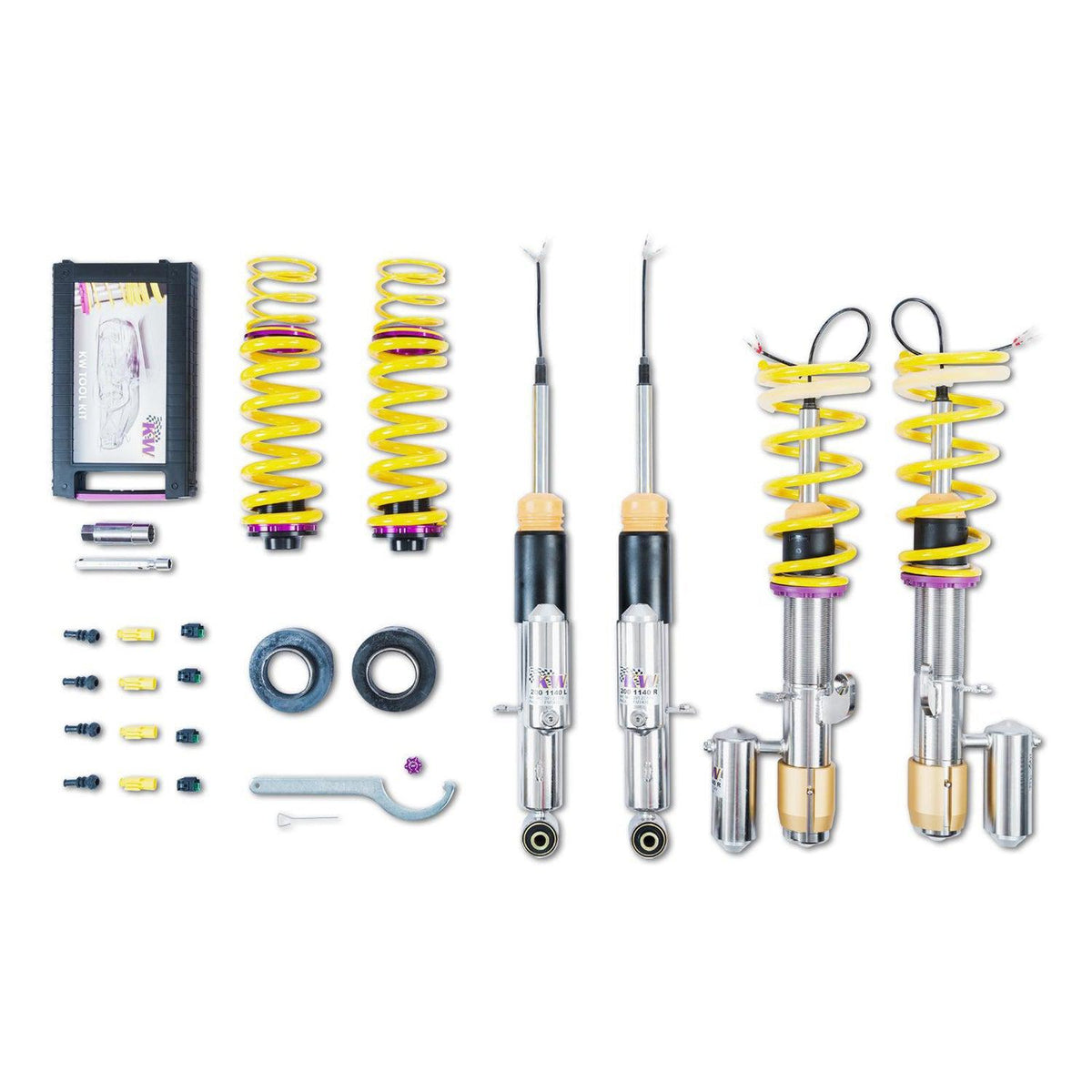 KW Suspension DDC Plug & Play Coilover Kit for BMW M3 F80 and M4 F82, featuring adjustable suspension with EDC compatibility.