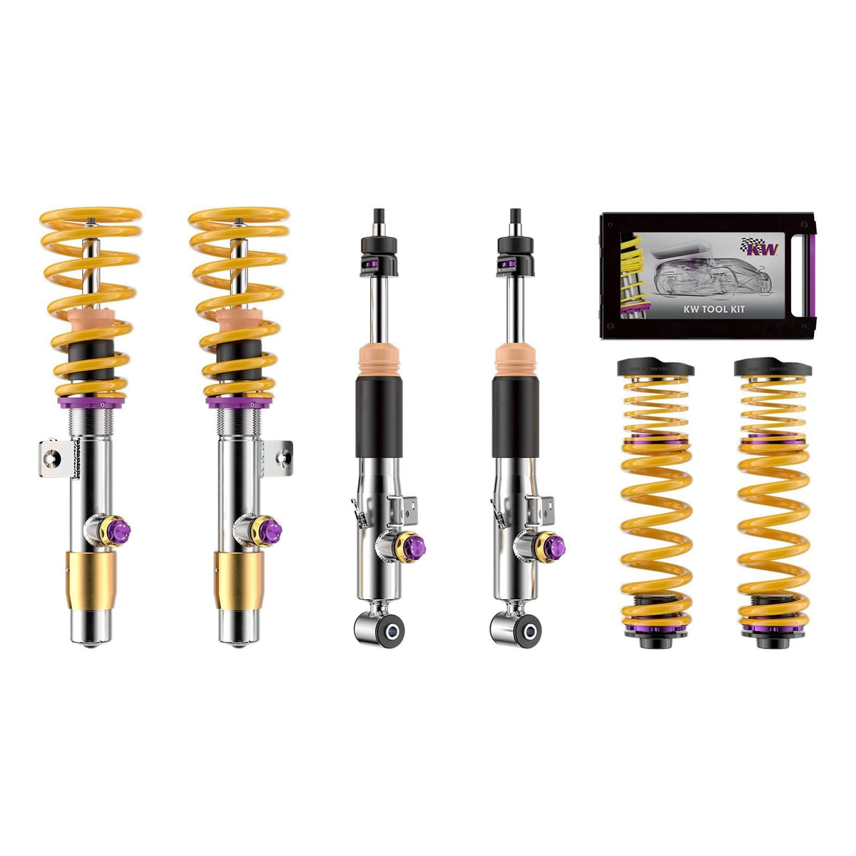 KW Suspension V4 coilover kit bundle for BMW G80 G82 G87, showing adjustable suspension coilovers installed on a BMW vehicle.