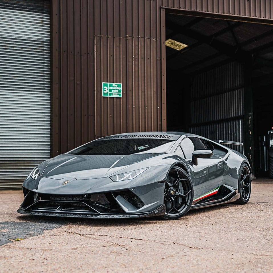 Lamborghini Huracan Performante forged side skirts by CT Design, carbon fiber automotive upgrade, shown from the side view.