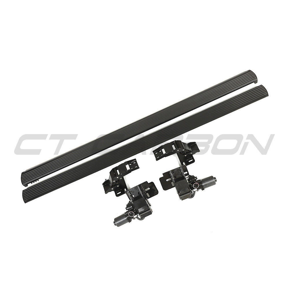 Land Rover Defender L663 110 electric fold-out side steps by CT Carbon, showing the sleek black step mechanism attached to the vehicle.
