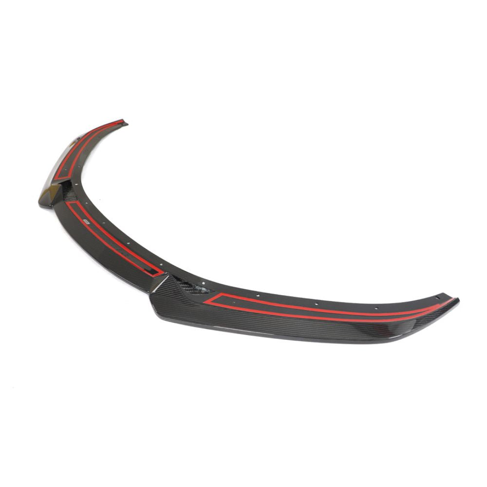 Carbon fiber front splitter for Lotus Emira by CT Design, enhances aerodynamics and sporty appearance.