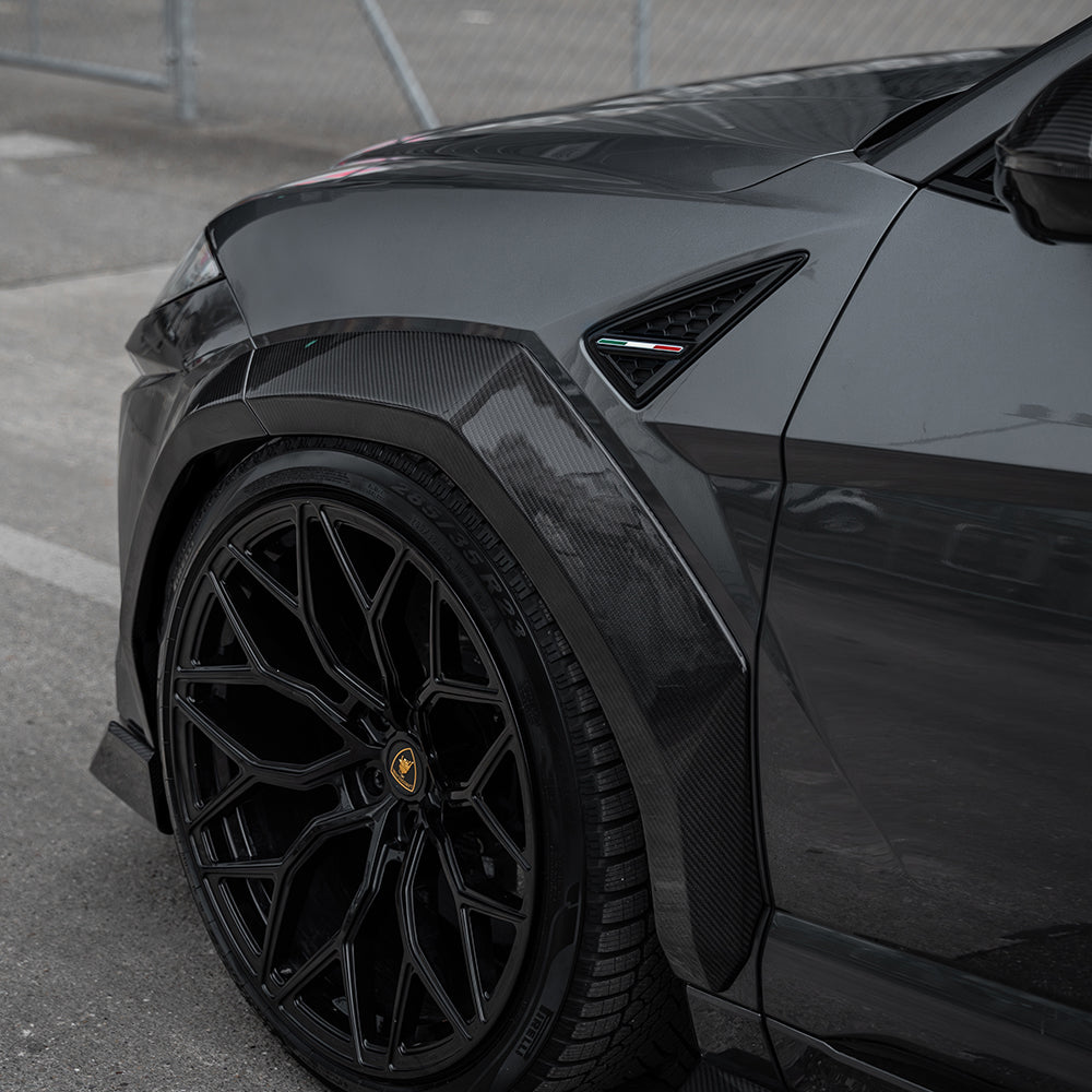 Lamborghini Urus with CT Carbon full wide arch kit featuring carbon fibre finish and enhanced sporty look.