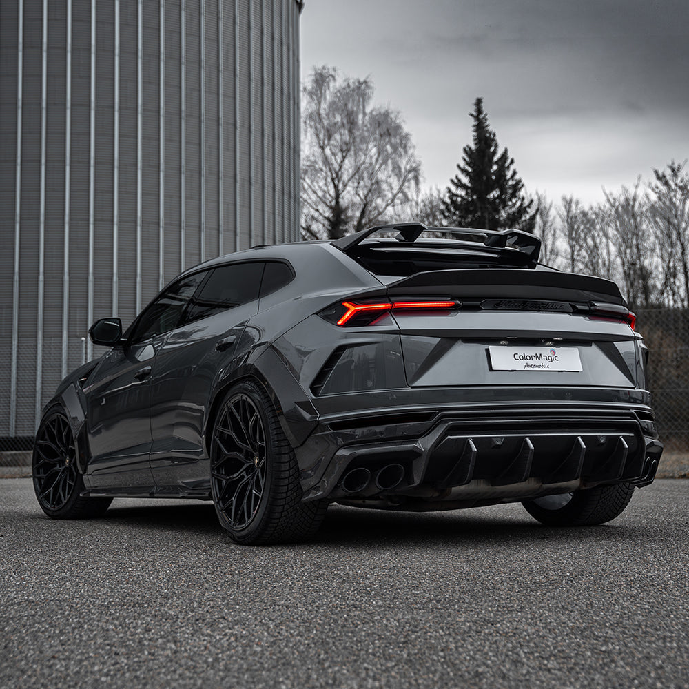 Lamborghini Urus with CT Carbon full wide arch kit showcasing carbon fibre accents and aggressive wide-body styling.