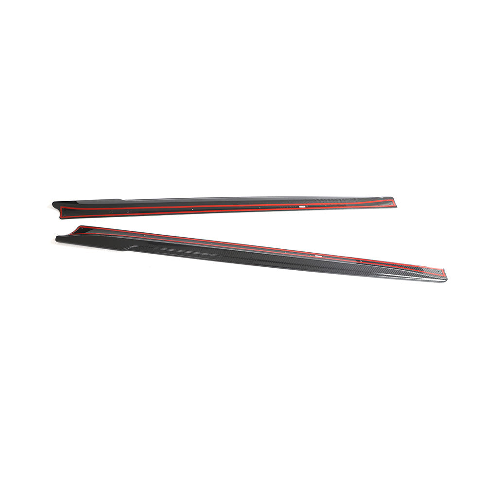 Tesla Model 3 2023+ carbon fibre side skirts by CT Carbon, sleek aerodynamic car body enhancement with V2 design.