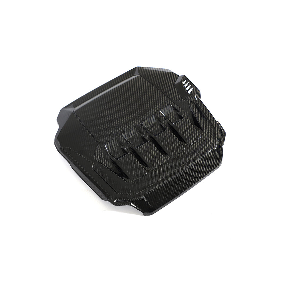 Carbon fiber engine cover for VW Golf MK8 GTI 2020+ by CT Carbon, showing a sleek, textured engine bay accessory.