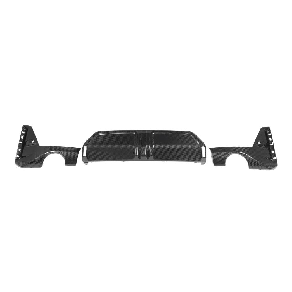 BMW 3 Series G20/G21 2022+ LCI CT Carbon diffuser with round tips, carbon fiber finish, designed for sporty rear styling.