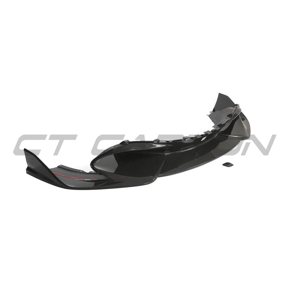 Carbon fiber splitter for McLaren 720S by CT Carbon, featuring aerodynamic design and sleek finish.