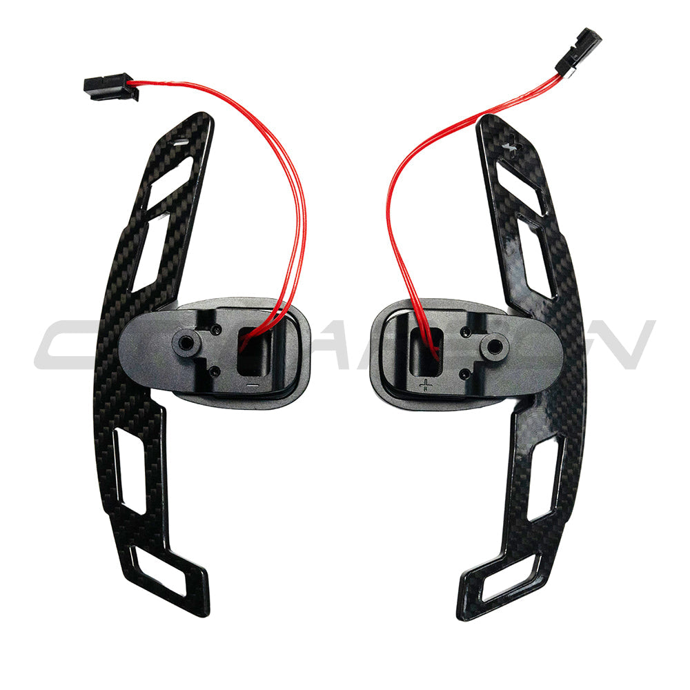 Mercedes AMG magnetic carbon fiber shifter paddles by CT Carbon, showcasing sleek black carbon fiber design for sporty car control.