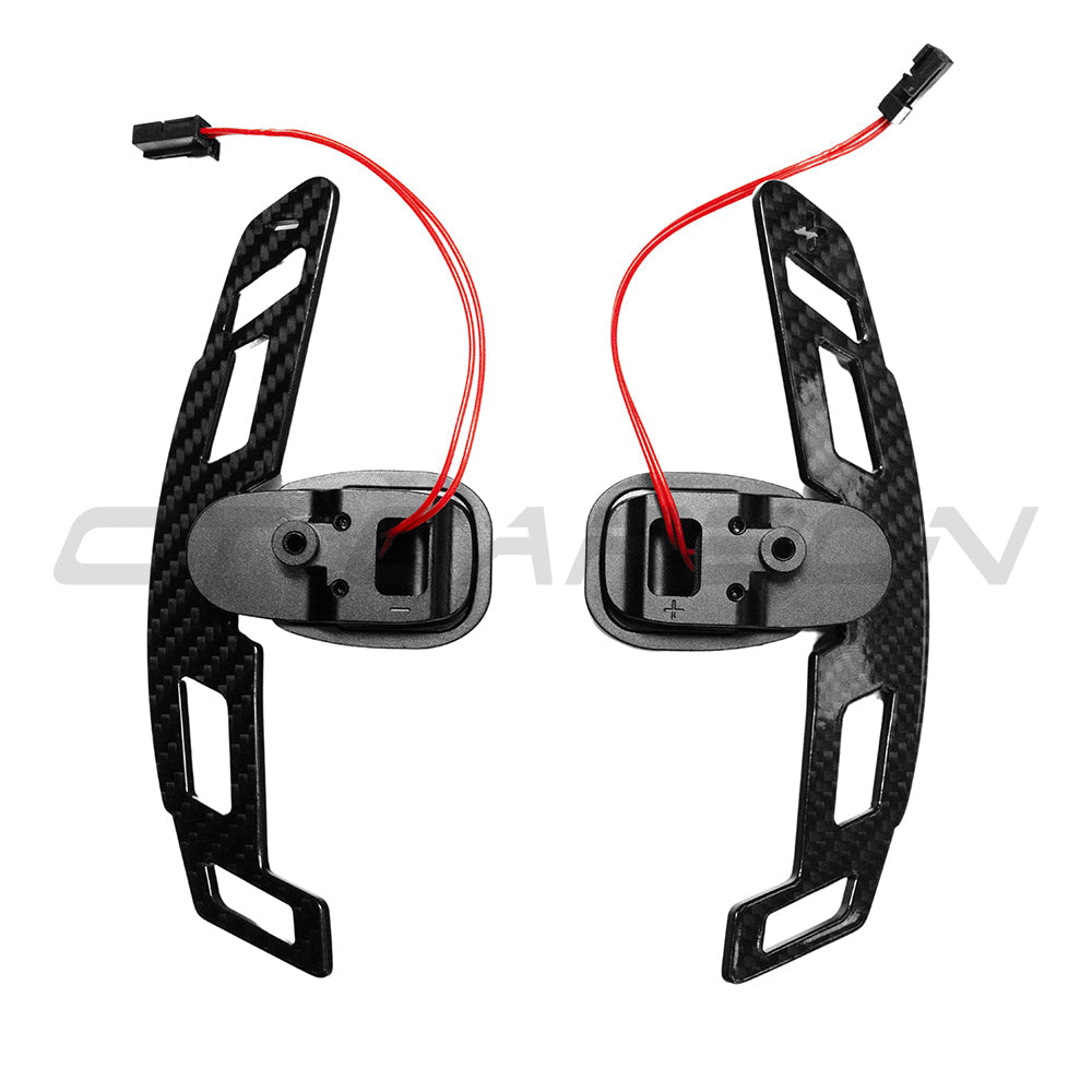 Mercedes AMG magnetic carbon fiber shifter paddles by CT Carbon, sleek black automotive accessories for enhanced driving style.