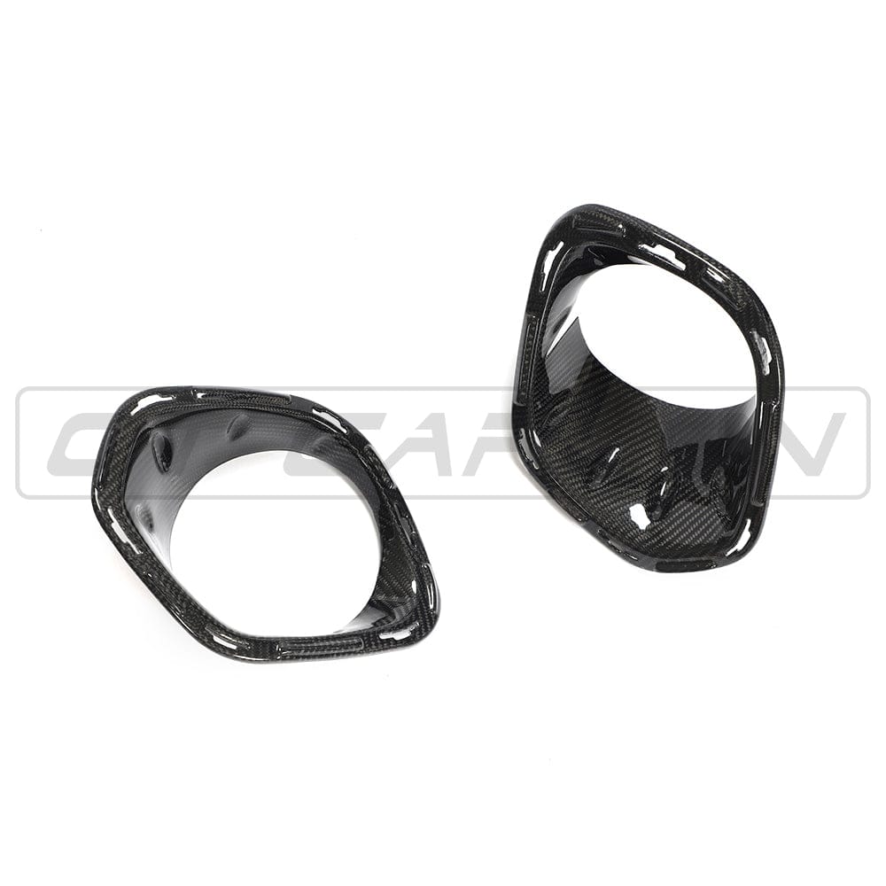 Carbon fiber fog light covers for MINI Cooper S and JCW F56 by CT Carbon, designed to enhance the vehicle's sporty look.