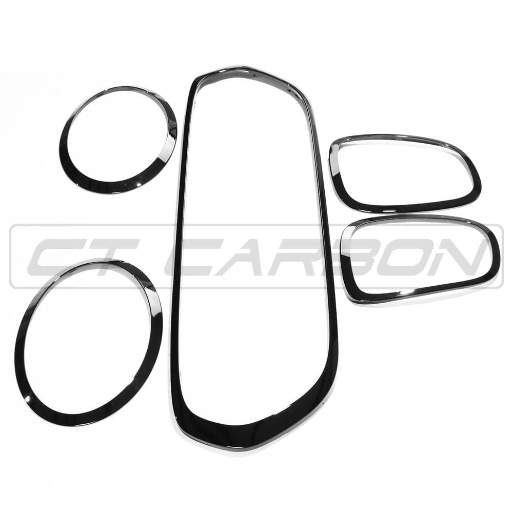 Gloss black replacement trim for MINI Cooper S and JCW F56 by CT Carbon, showing sleek, shiny exterior accessories on the car.