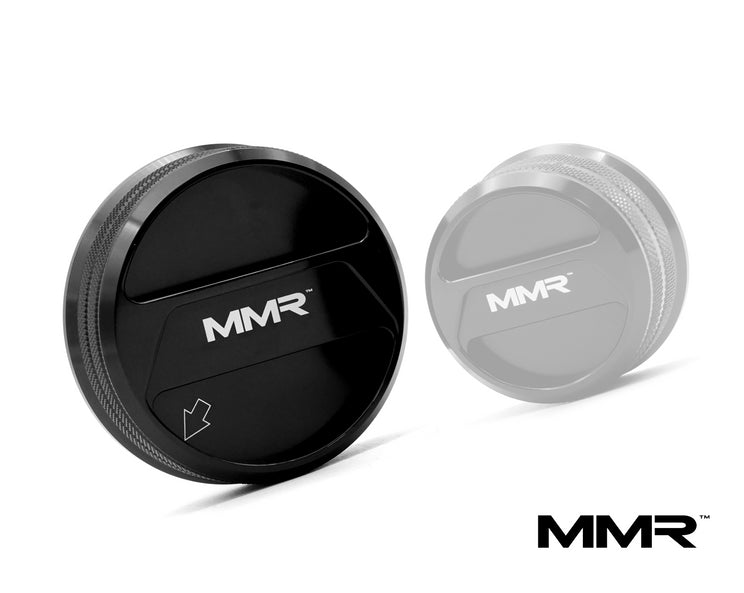 BMW cooling system component featuring MMX Performance MMR 90mm billet coolant expansion cap with detailed metal finish.