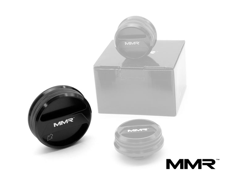 MMX Performance MMR 90mm billet coolant expansion cap for BMW vehicles, showcasing a sleek, high-quality metal design.