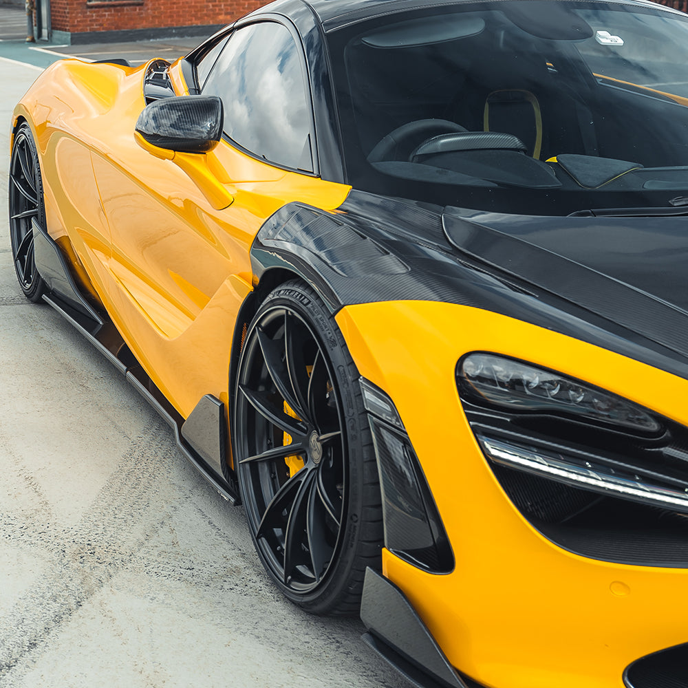 MCLAREN 720S carbon fibre front fenders by CT Carbon, featuring sleek, lightweight aerodynamic design with detailed carbon fiber weave.