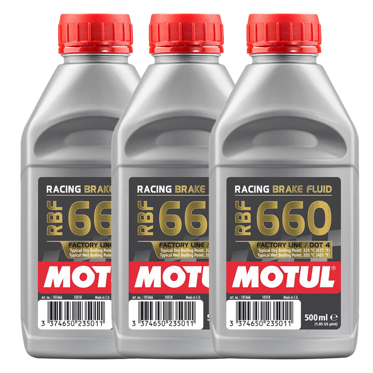 Optional Motul RBF 660 brake fluid pack, supplied as three 500ml bottles for 1.5 litres total.