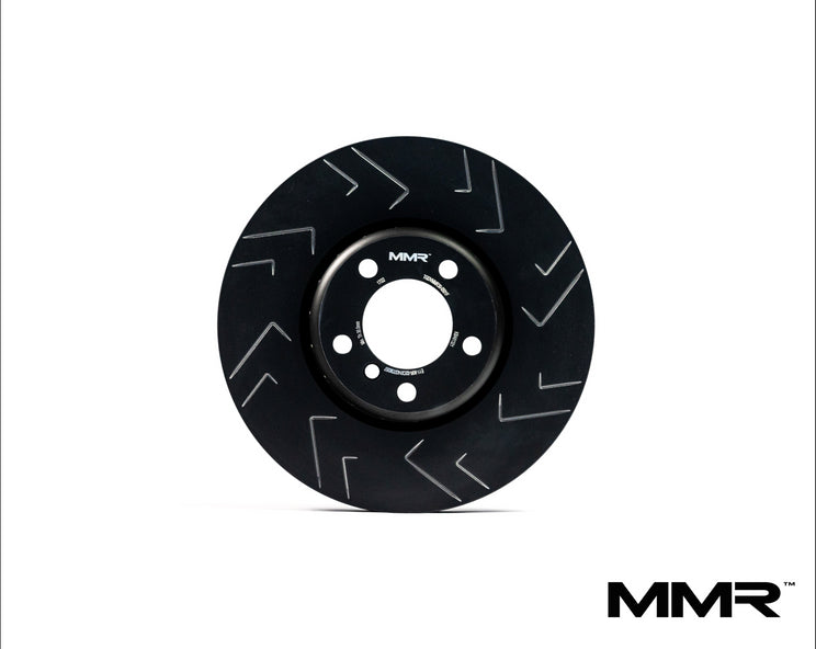 Rear brake discs for BMW F2x and F3x, MMX Performance fast road rotors, showing vented design and metallic finish.