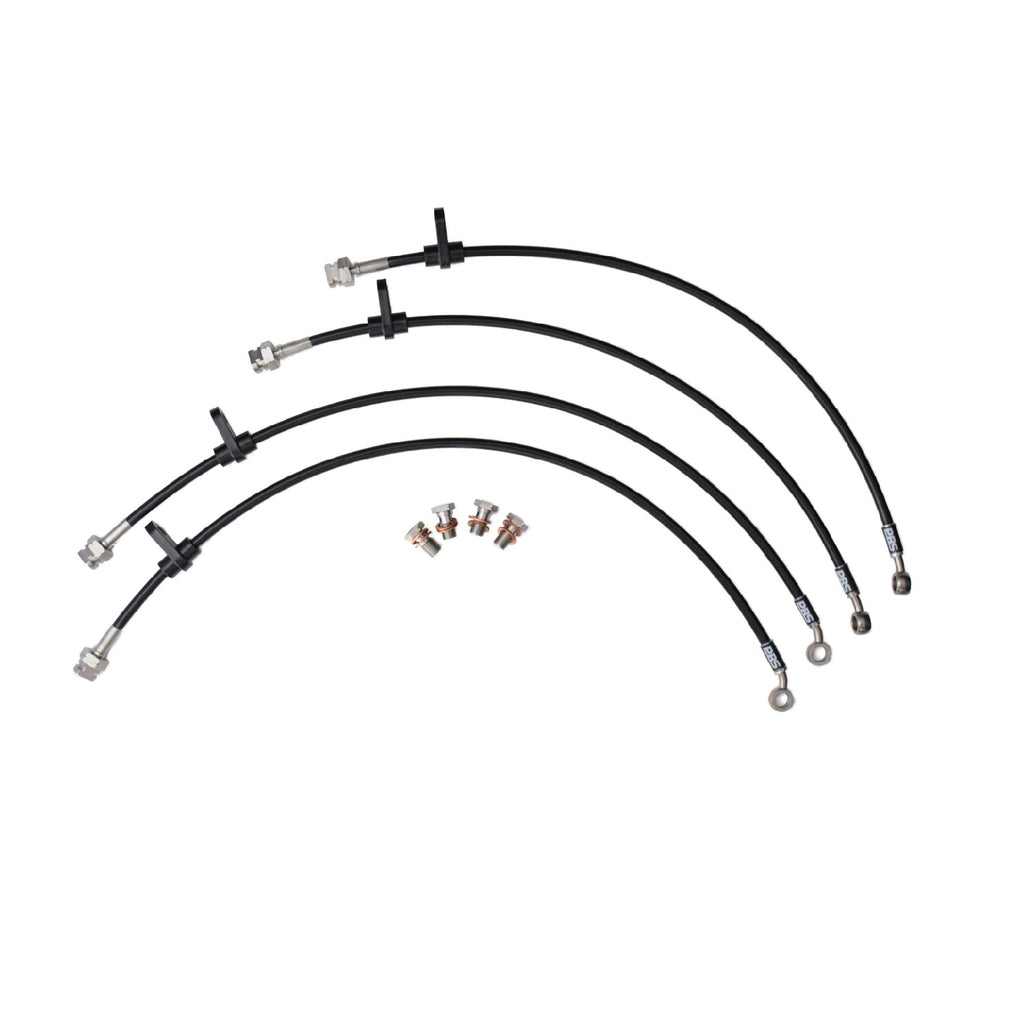 BMW E36 M3 braided brake lines from PBS, close-up of high-performance stainless steel brake hoses on the vehicle's brake system