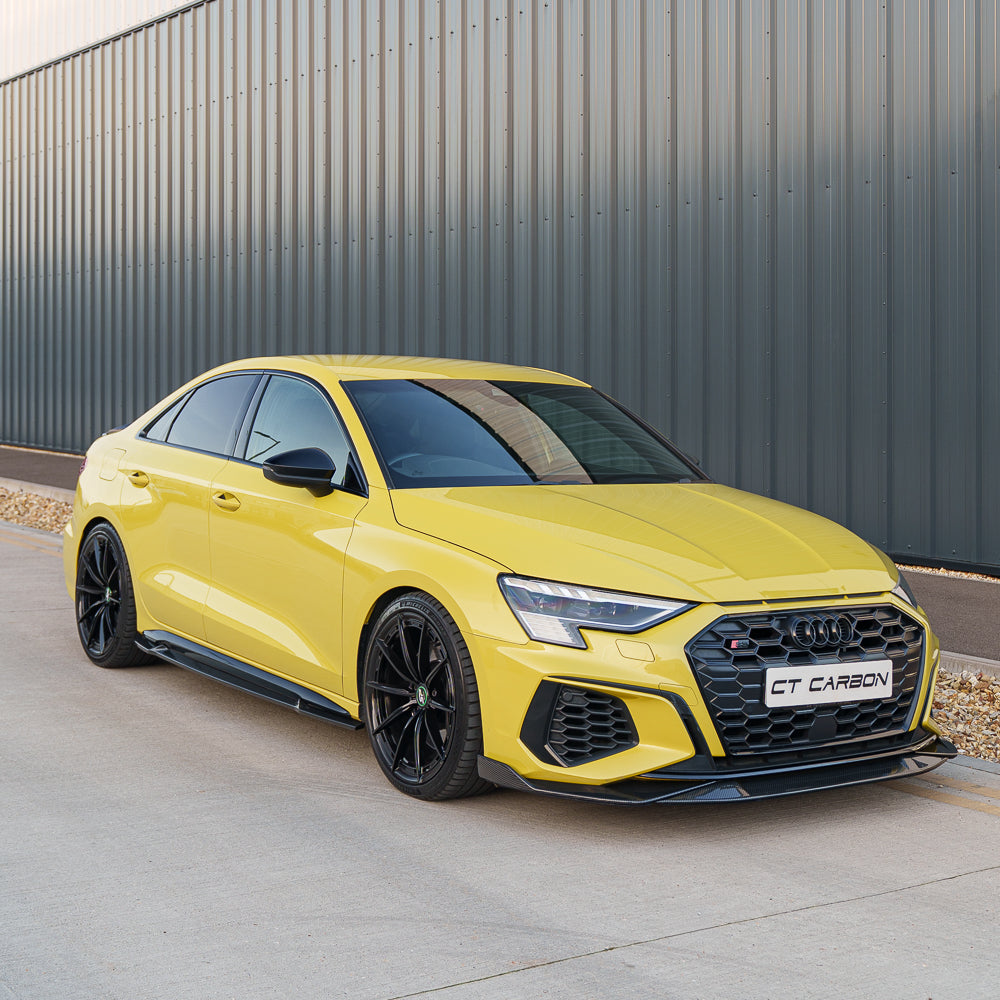 Yellow Audi S3 8Y carbon fibre splitter by CT Carbon, designed for Audi A3 S-Line and S3 2020+ models.