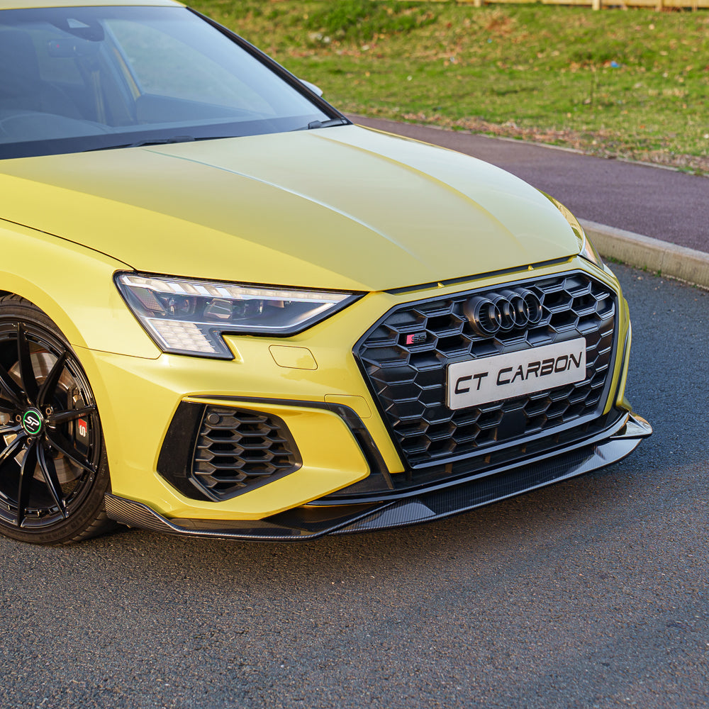 Yellow Audi S3 8Y carbon fibre splitter by CT Carbon, designed for Audi A3 S-Line and S3 2020+ models.