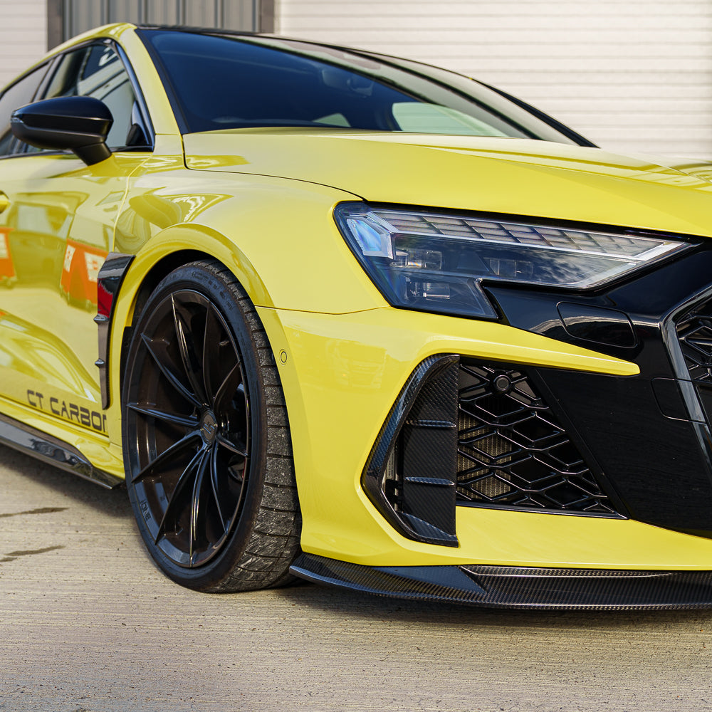 Audi RS3 8Y 2025+ CT Design V2 carbon fiber splitter, sleek aerodynamic accessory for enhanced sporty look and performance.