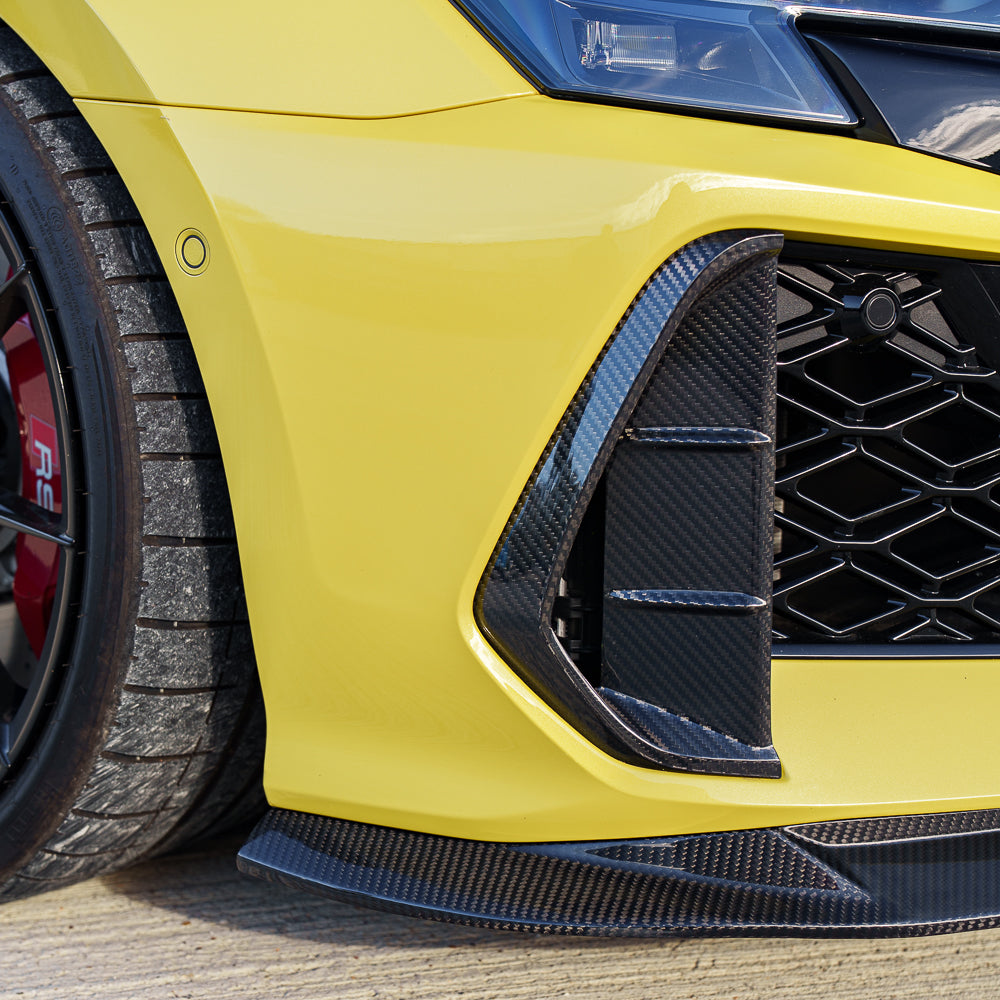 Carbon fibre splitter for Audi RS3 8Y 2025+ by CT Carbon, showing the sleek, aerodynamic design of the CT Design V2 splitter.