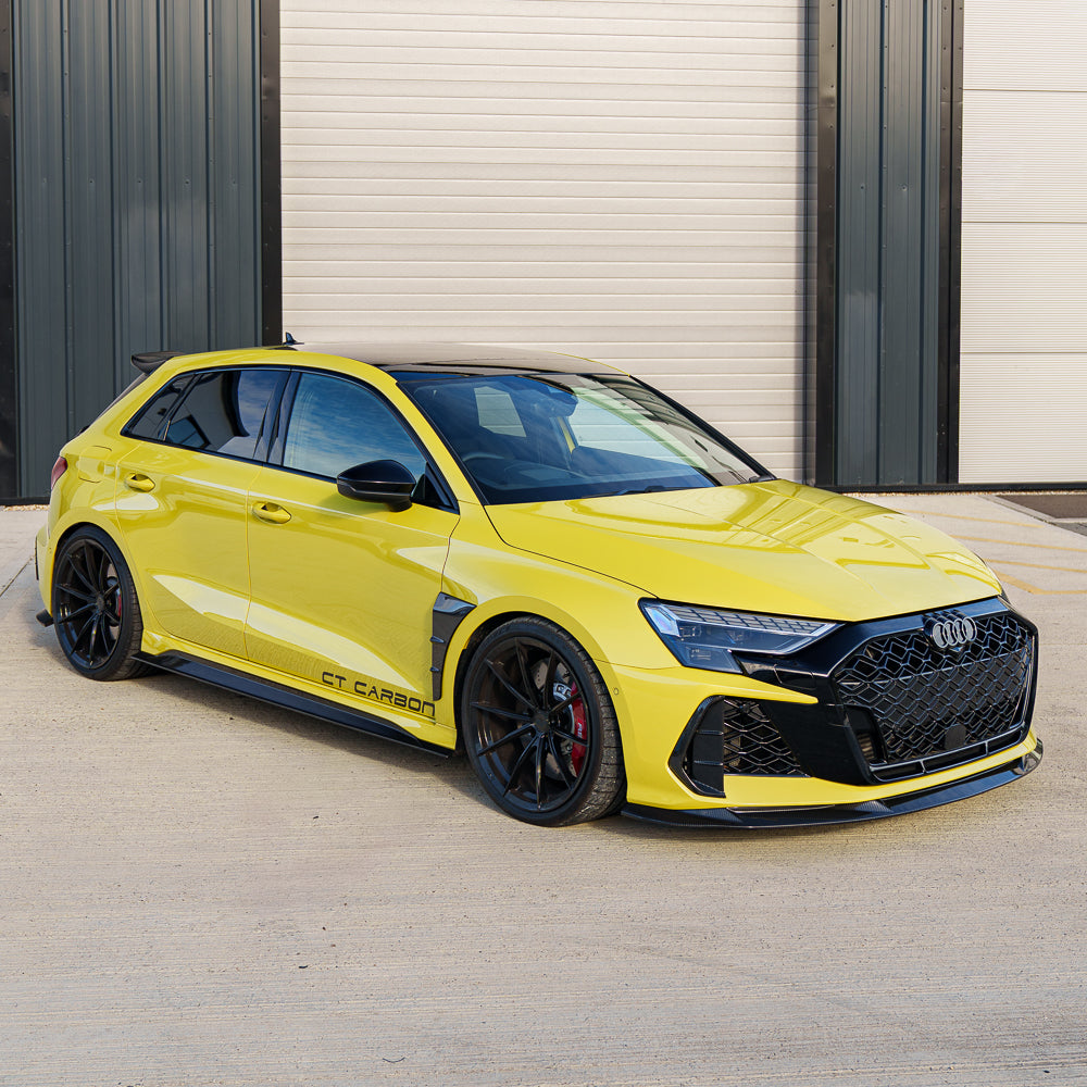 Audi RS3 8Y 2025+ CT Design V2 carbon fibre splitter showing its sleek, aerodynamic automotive enhancement.