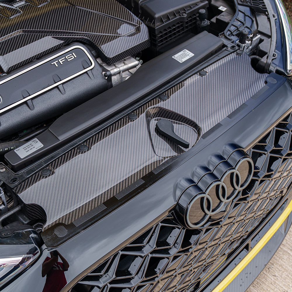 CT Carbon Audi RS3 8Y 2020+ carbon fiber engine cover kit showing sleek, lightweight engine covers with branding details.