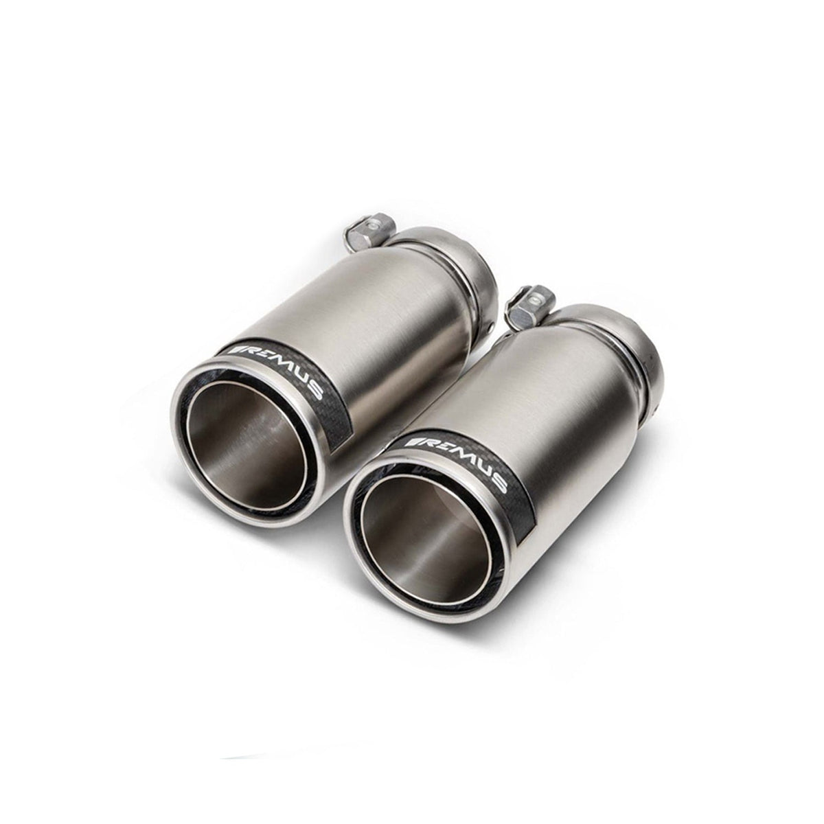 Remus BMW G42 M240i racing axle back exhaust system with stainless steel build and chrome carbon tips.
