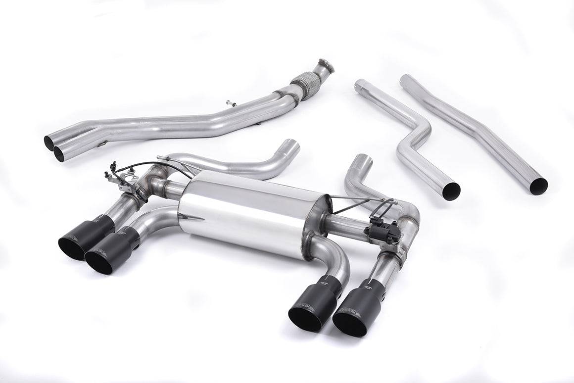 Milltek Sport BMW M2 F87 cat back exhaust system showing polished stainless steel pipes and dual exhaust tips.
