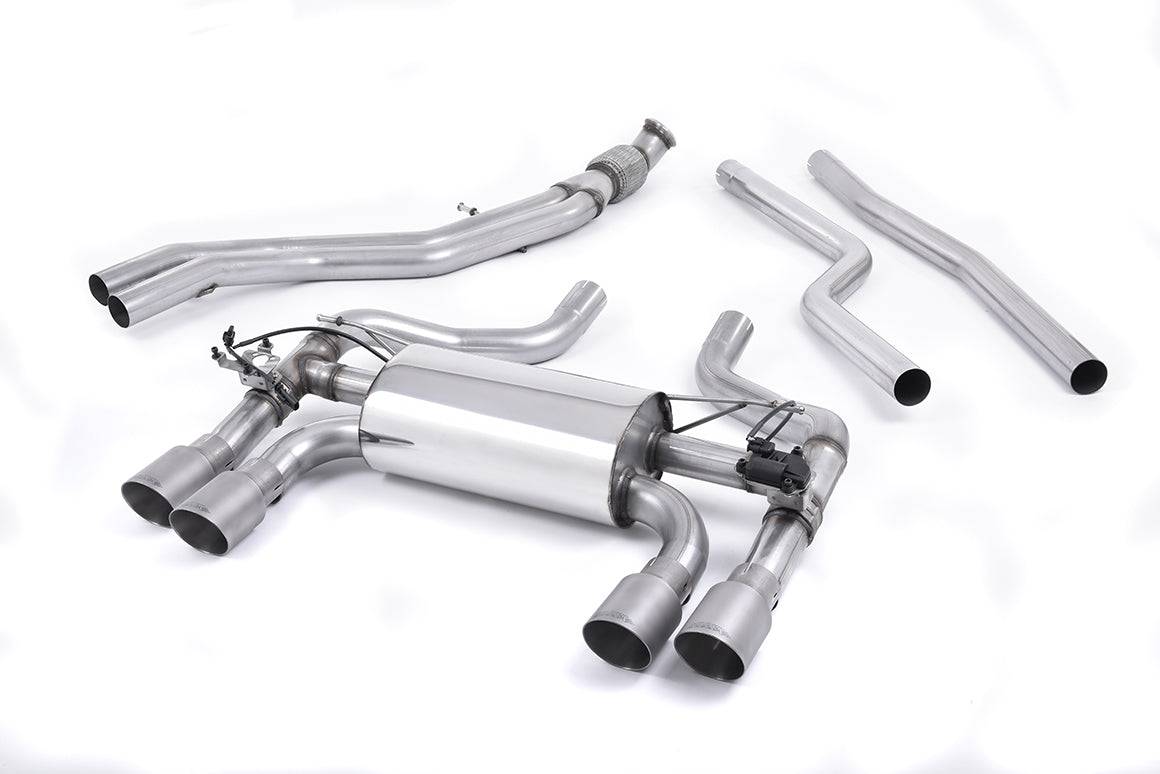 Milltek Sport BMW M2 F87 cat back exhaust system with polished stainless steel pipes and dual exhaust tips.