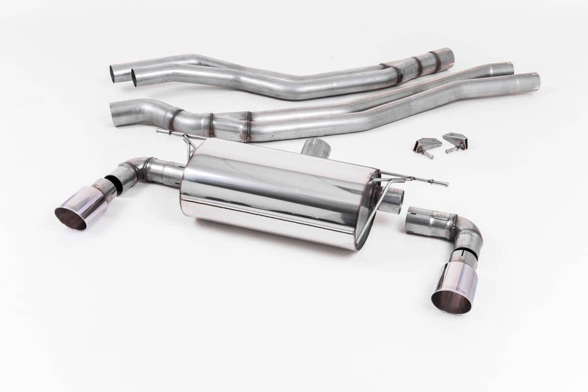 Milltek Sport cat back exhaust system for BMW M140i F20 F21 LCI non-OPF, showing polished stainless steel exhaust pipes and muffler.