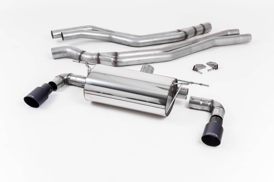 Milltek Sport cat back exhaust system for BMW M140i F20 F21 LCI, showing stainless steel pipes and muffler components.