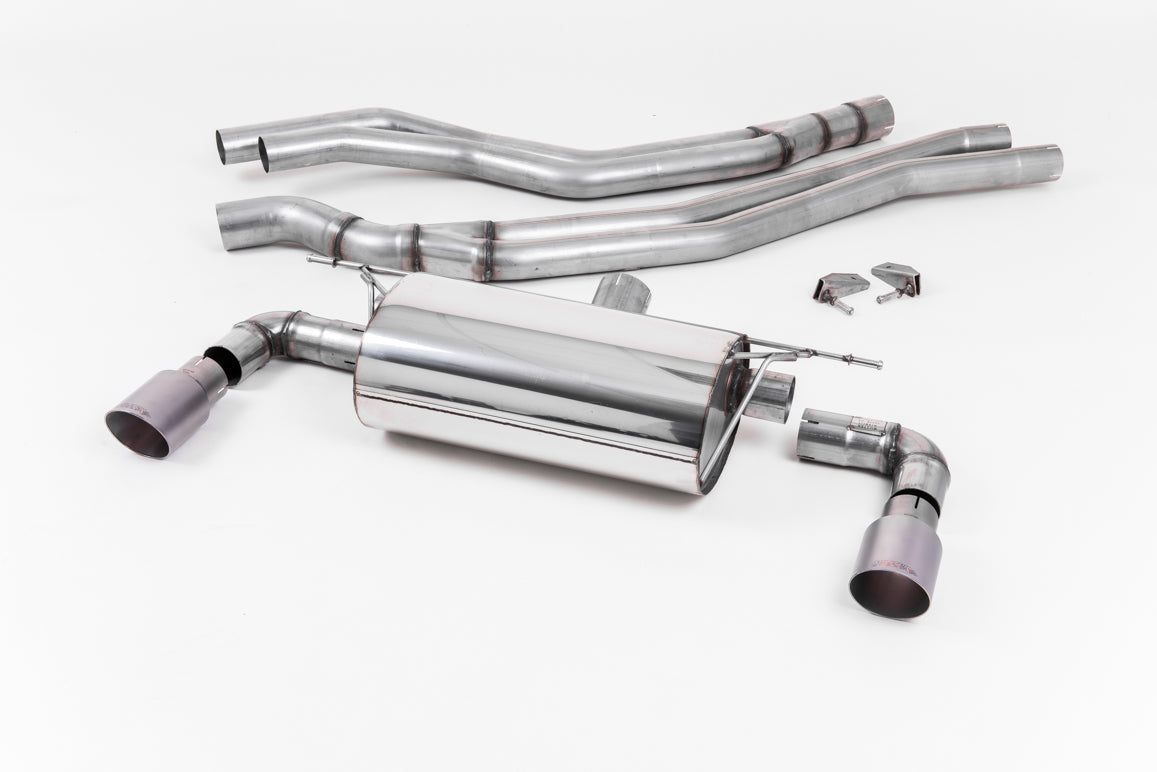 Milltek Sport BMW M140i F20 F21 LCI cat back exhaust system with polished stainless steel pipes and dual exhaust tips.