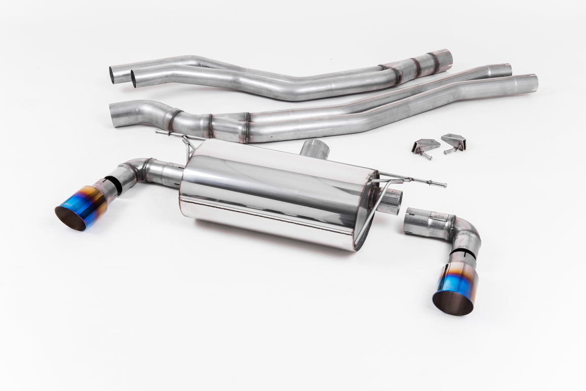 Milltek Sport BMW M140i F20 F21 LCI cat back exhaust system with polished stainless steel pipes and muffler for 2015-2018 models.