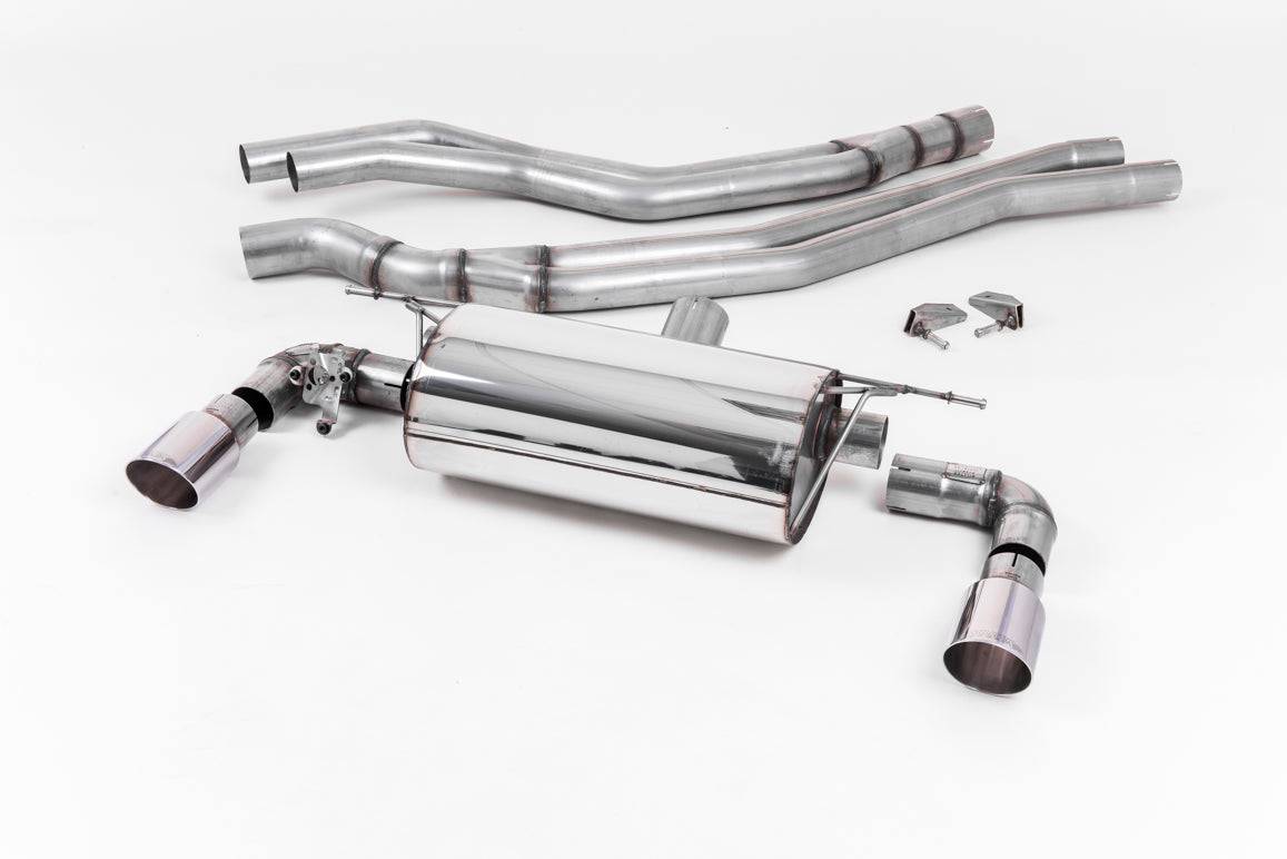 Milltek Sport cat back exhaust system for BMW M140i F20 F21 LCI 2015-2018, showing stainless steel exhaust pipes and muffler.