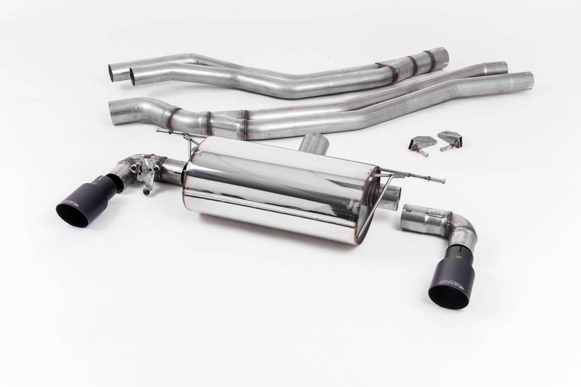 Milltek Sport BMW M140i F20/F21 LCI cat back exhaust system with stainless steel piping and dual tailpipes, installed on a 2015-2018 model