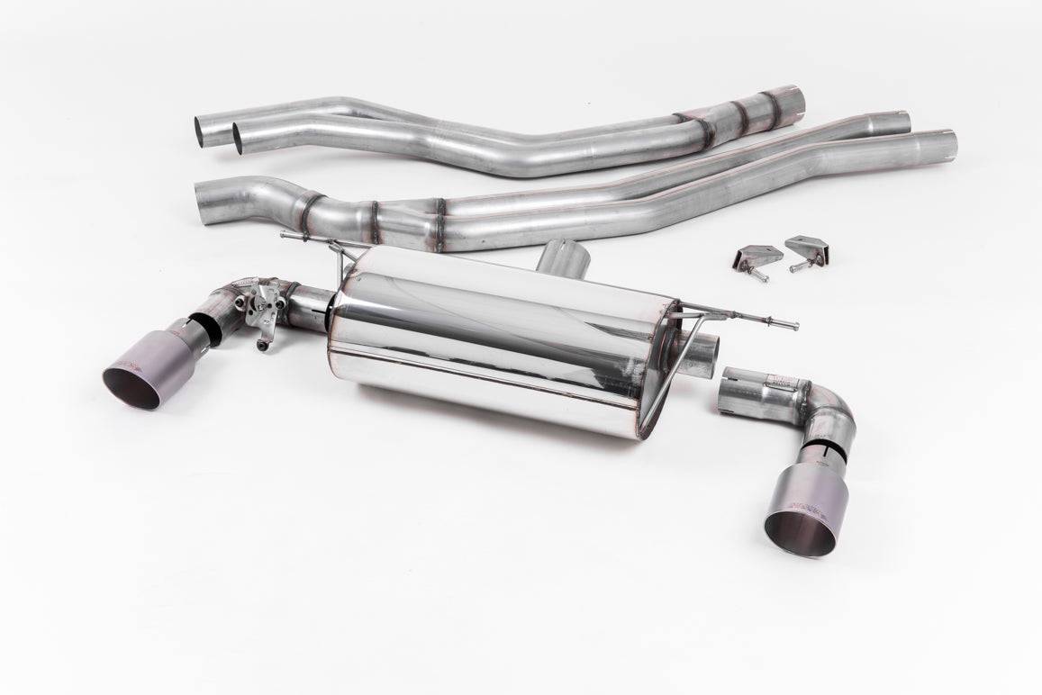 Milltek Sport BMW M140i F20 F21 LCI cat back exhaust system with polished stainless steel tips and dual exhaust outlets.