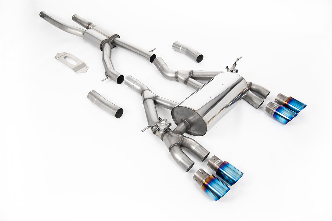 Milltek Sport BMW M3 F80 & M4 F82 full cat back exhaust system with polished stainless steel tips, installed on vehicle.