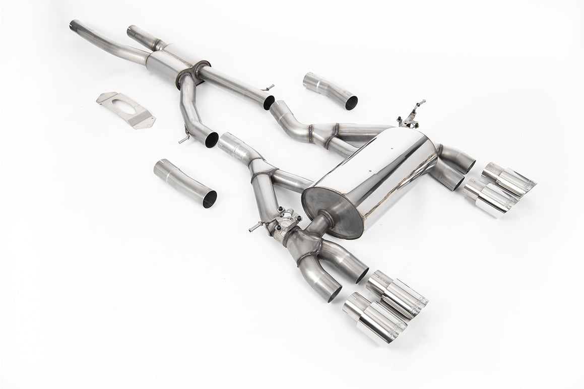 Milltek Sport BMW M3 F80 & M4 F82 full cat back exhaust system with OPF included, showing polished stainless steel pipes and mufflers.