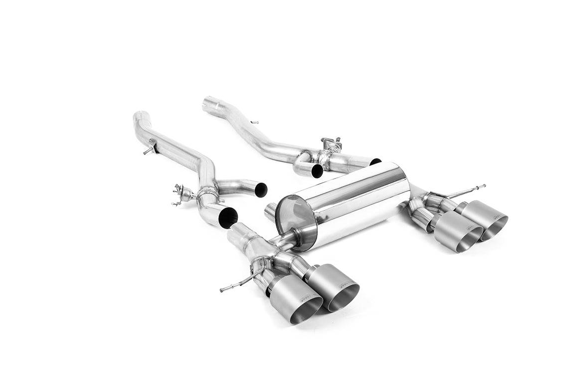 Milltek Sport BMW M3 G80 G81 and M4 G82 G83 Particulate Filter-Back Axle Back Exhaust System showing polished exhaust tips and piping details.