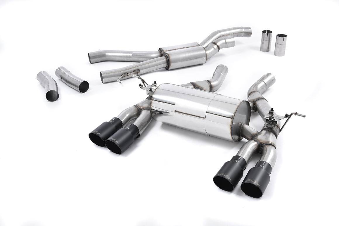 Milltek Sport full cat back exhaust system for BMW M3 F80 and M4 F82 models, showing stainless steel pipes and mufflers.