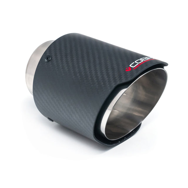 Cobra Sport single 4-inch slash cut carbon fiber exhaust tip, showcasing sleek black carbon fiber finish and polished metal edge.