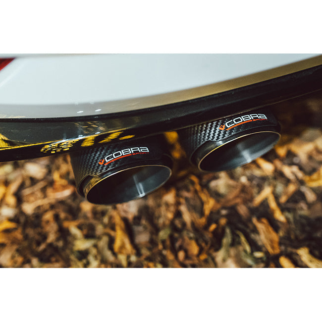 Cobra Sport VW Golf R Mk7 2.0 TSI cat back performance exhaust installed on a black Golf R car.