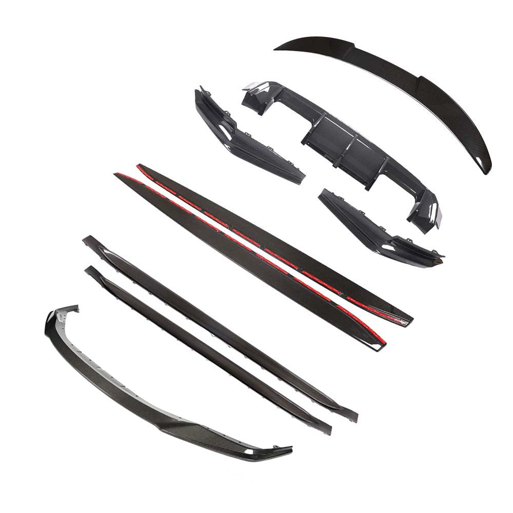 BMW G80 M3 full carbon fiber kit by CT Carbon, including front splitter, side skirts, and rear diffuser on a sports car.