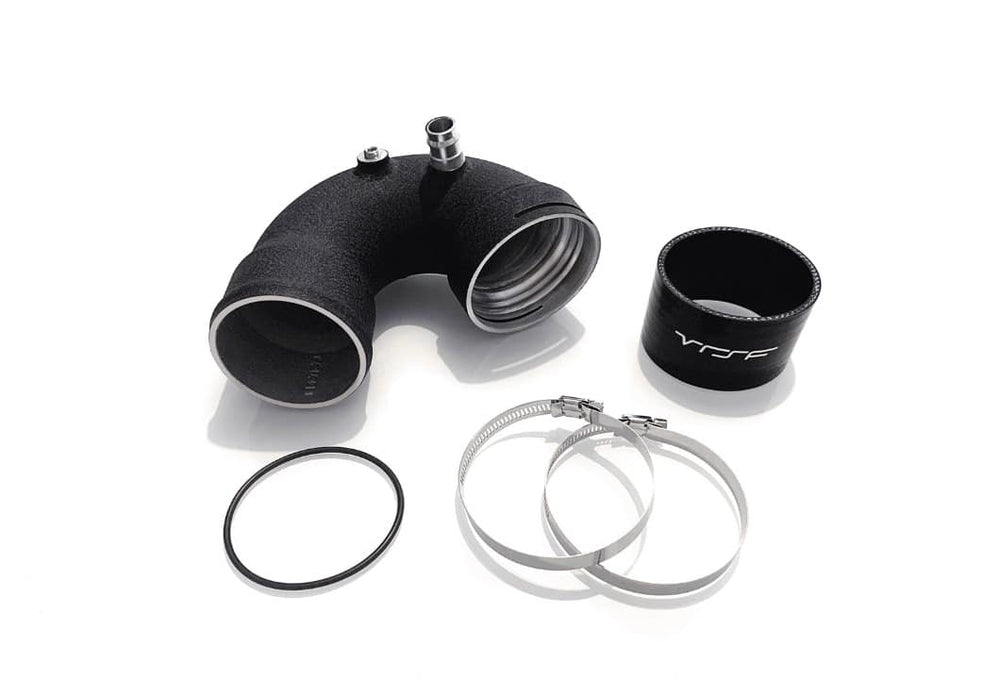 VRSF secondary/J charge pipe upgrade for S55 F87 M2 Competition, F80 M3, and F82 M4, showing the black hoses and fittings