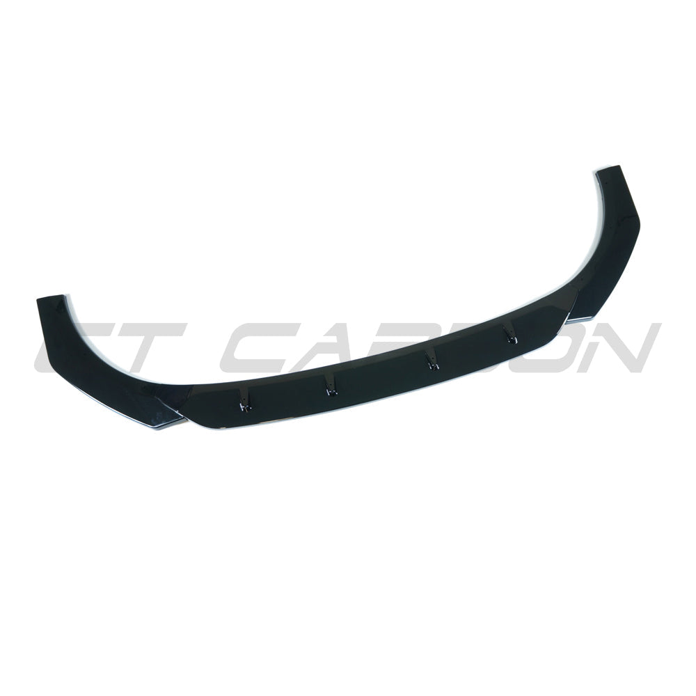 Gloss black splitter for VW Golf MK8 GTI and GTD by CT Carbon, shown installed on the front of the car.