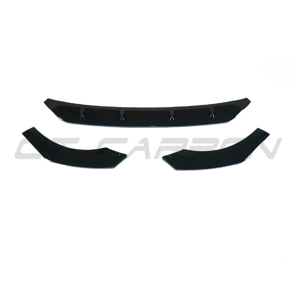 Gloss black splitter for VW Golf MK8 GTI/GTD by CT Carbon, showing the aerodynamic design and sleek finish on the front bumper.