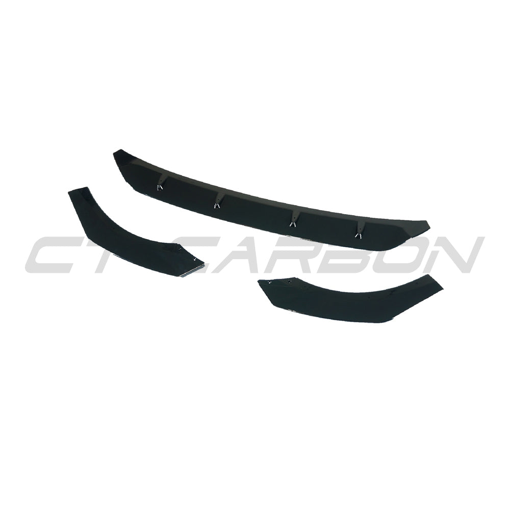 Gloss black splitter for VW Golf MK8 GTI/GTD by CT Carbon, showcasing the aerodynamic front splitter design.