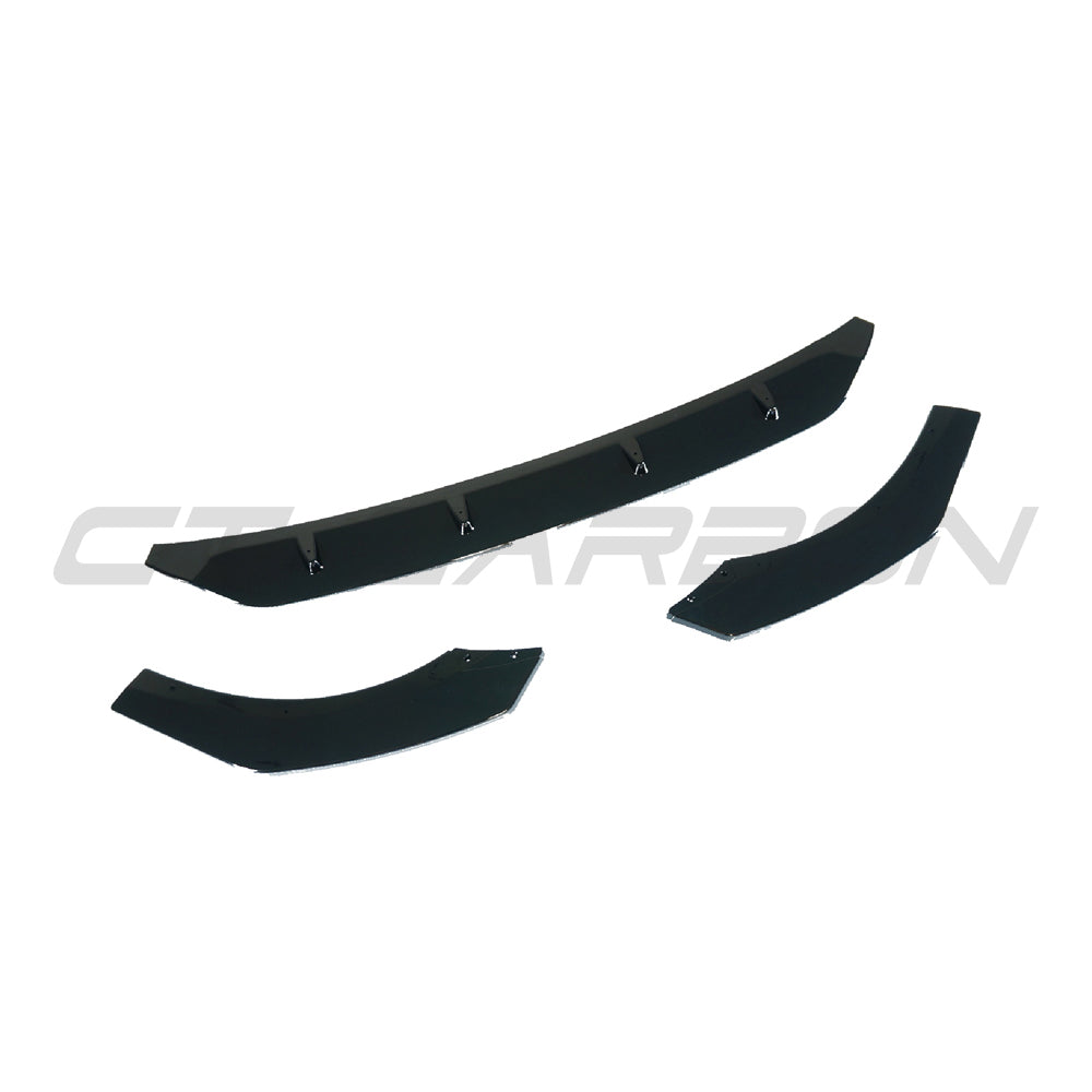 Gloss black splitter for VW Golf MK8 GTI/GTD by CT Carbon, shown installed on the front bumper for a sporty look.