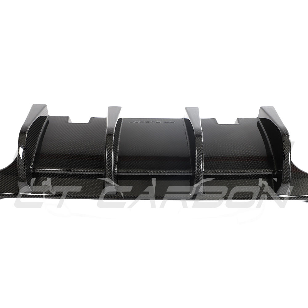 Carbon fiber diffuser for VW Golf MK8/MK8.5 R 2020+ by CT Carbon, showcasing sleek, textured design and aerodynamic styling.